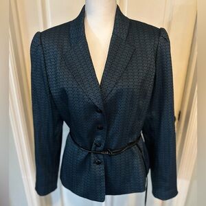 Tahari Arthur S. Levine Blazer Career Jacket Geometric Blue Belt Waist Size‎ 14P